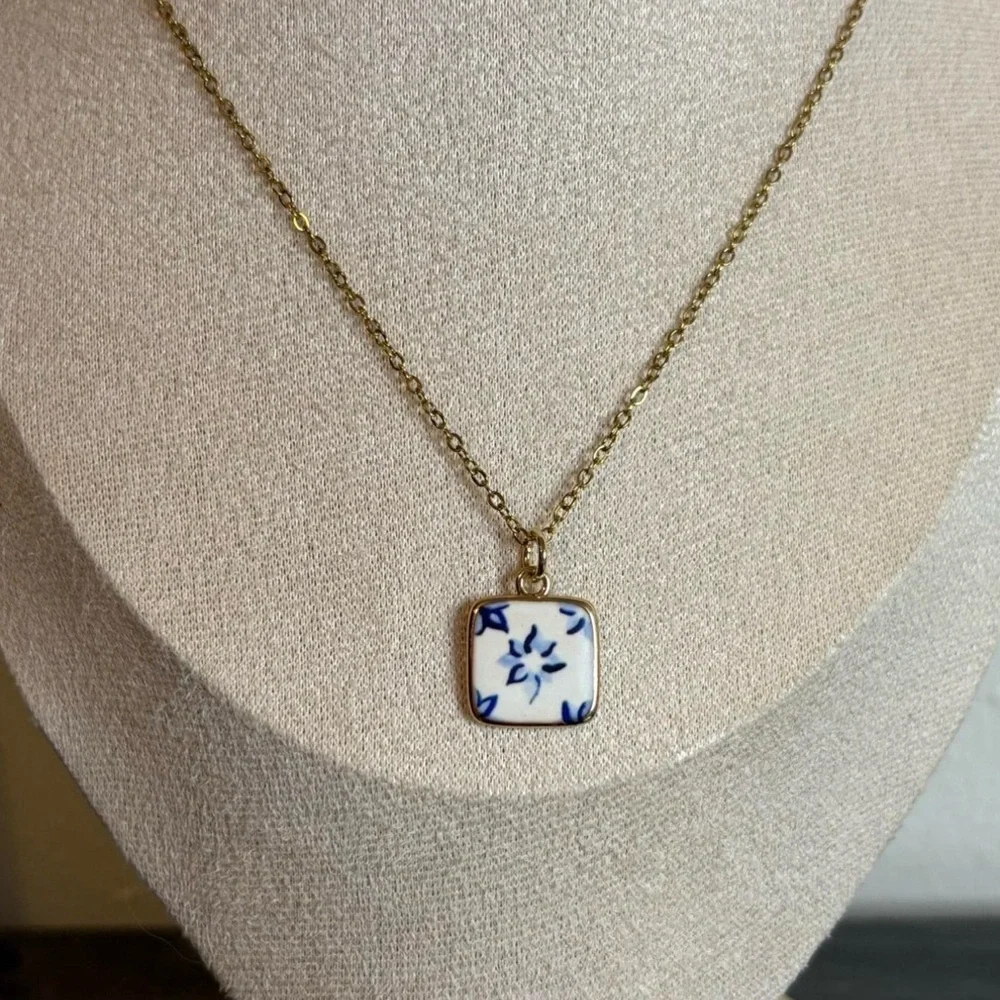 Handmade Gold/Blue Flower Necklace | Waterproof & Tarnish Resistant - Picture 1 of 5
